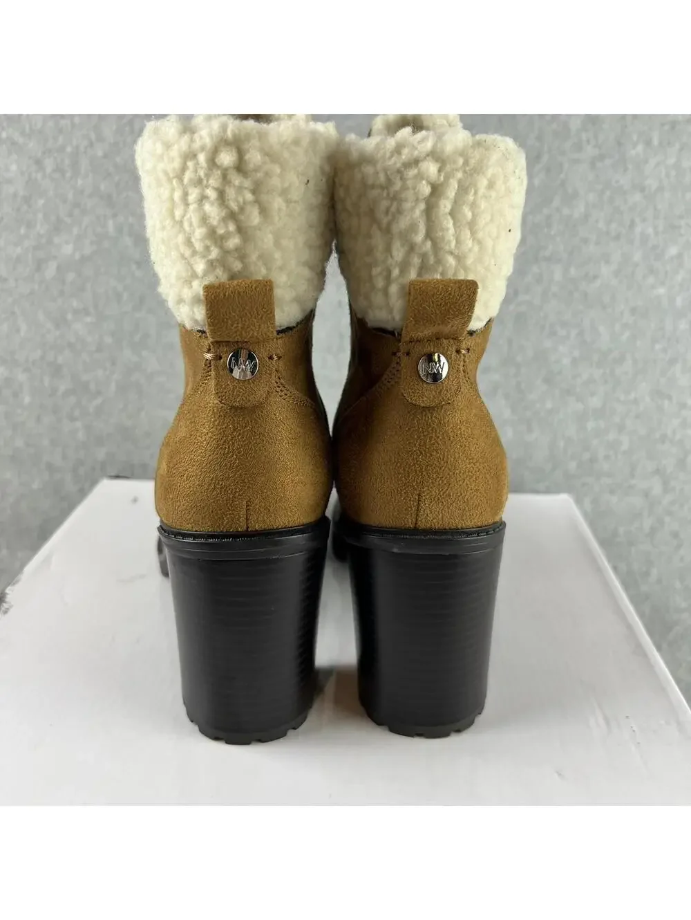 Nine West Ankle Boots Womens 9.5 Block Heel Faux Suede Shearling Trim